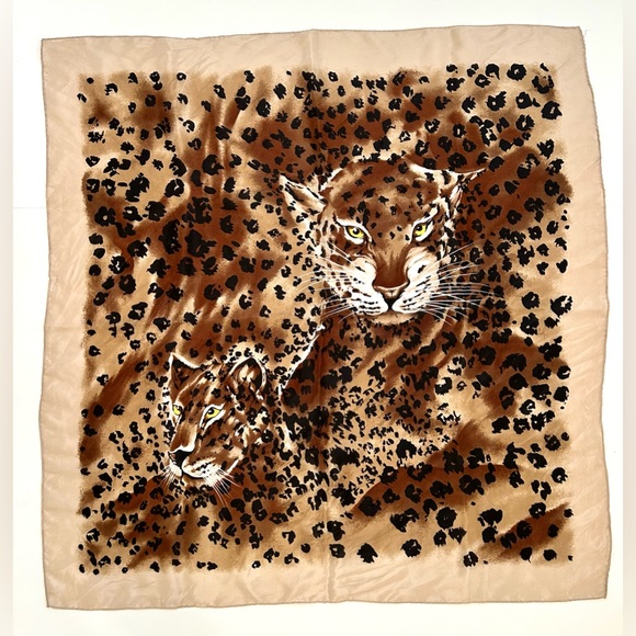 Leopard Cat Print Scarf Beige Brown 31”x31” - Picture 4 of 6
